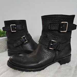 Gravati Black Luxury Italian Pebbled Leather Double Buckle Strap Moto Style Boot